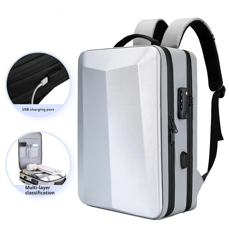 Black waterproof Oxford cloth business backpack with curved shoulder straps showing splicing design details
