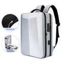 Black waterproof Oxford cloth business backpack with curved shoulder straps showing splicing design details