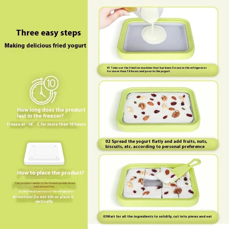 Children's DIY fried yogurt machine in green, pink, white, or rose red, showing compact size.