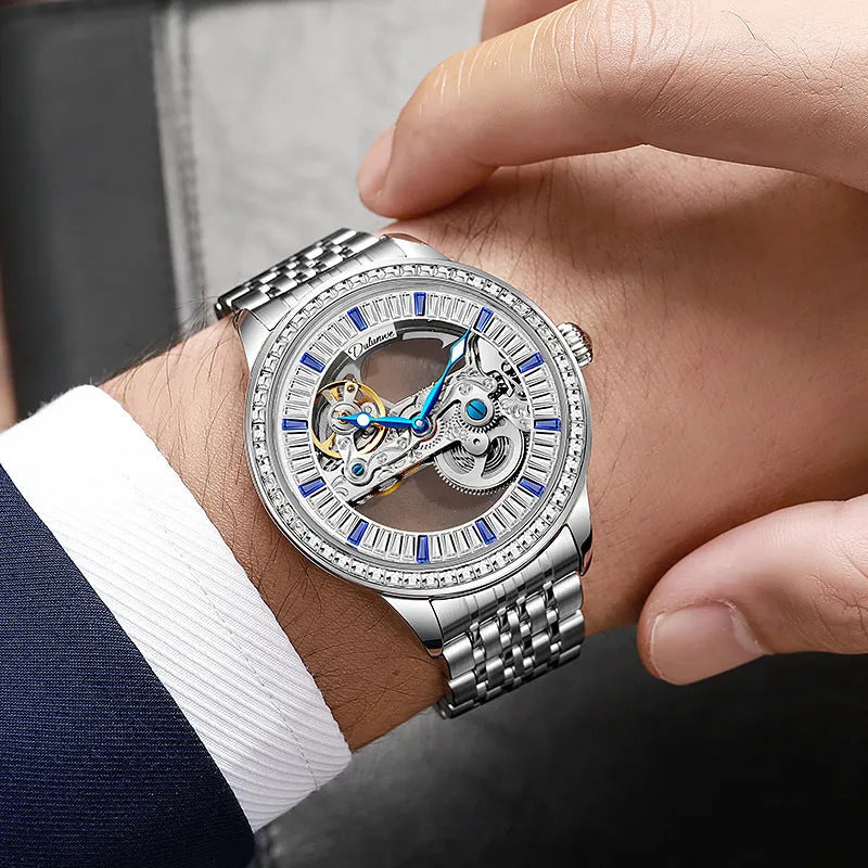 Men's luxury zircon mechanical watch with a choice of black leather or rose gold steel strap, showing onion crown and transparent case back.