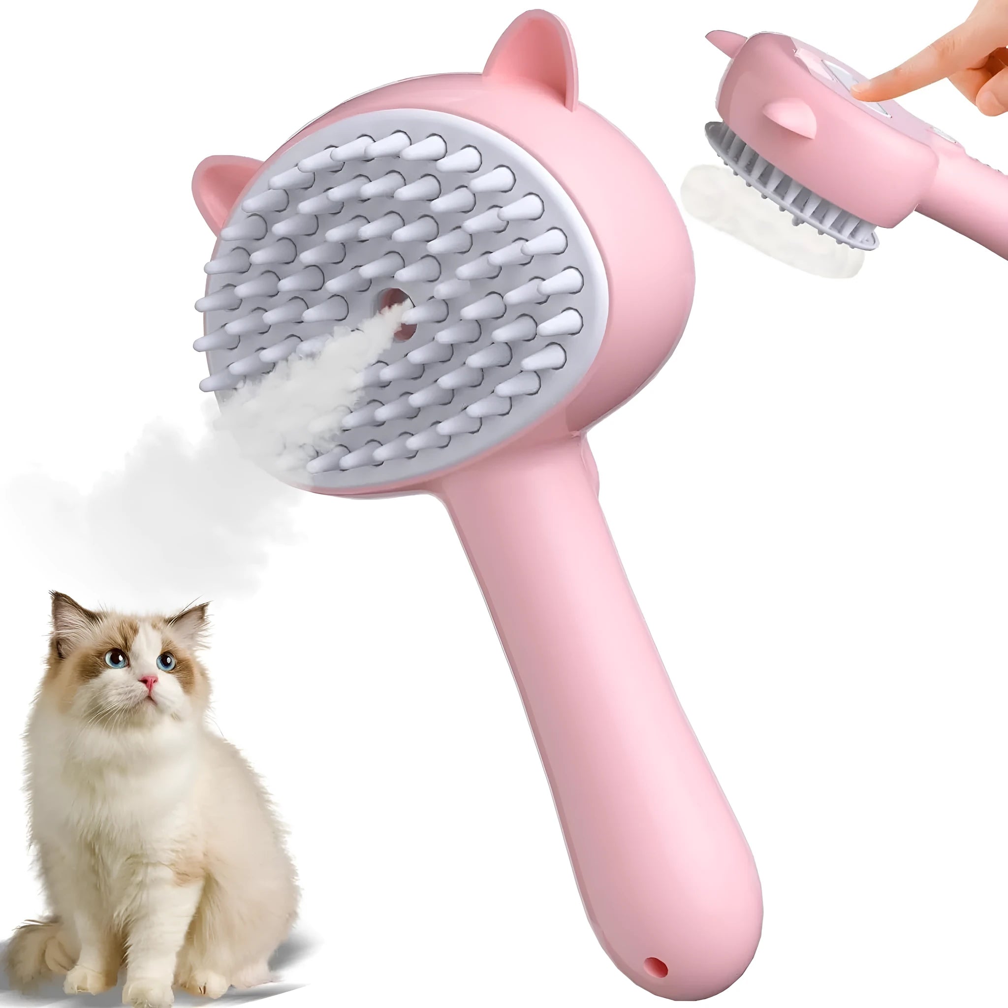 Blue pet steam brush with ergonomic handle and rubber bristles for grooming dogs cats