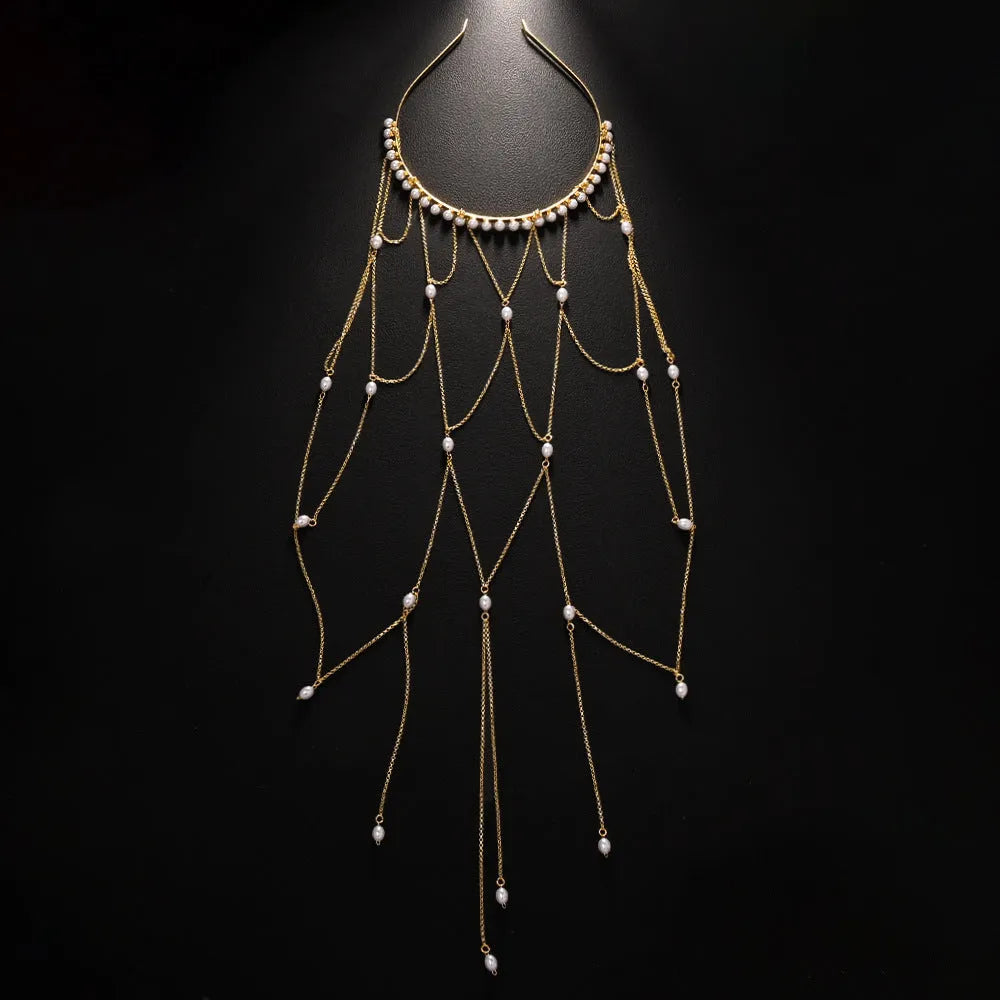Women's mesh hair chain with electroplated gold finish, pearl elements, and tassel detailing