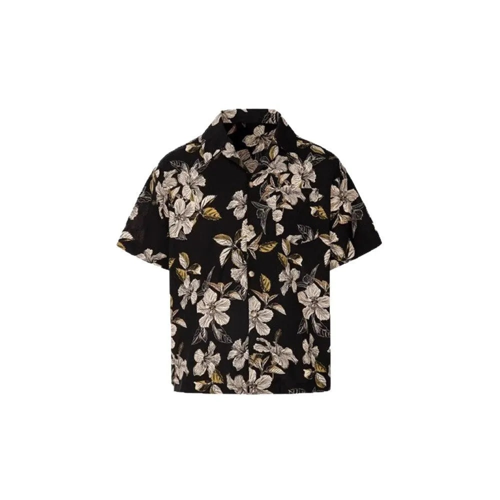 Black floral print vintage Cuban collar ice silk shirt with short sleeves on hanger