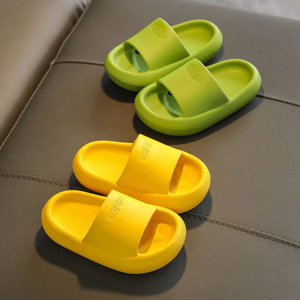 Children's brightly coloured EVA slippers with a thick, non-slip sole.