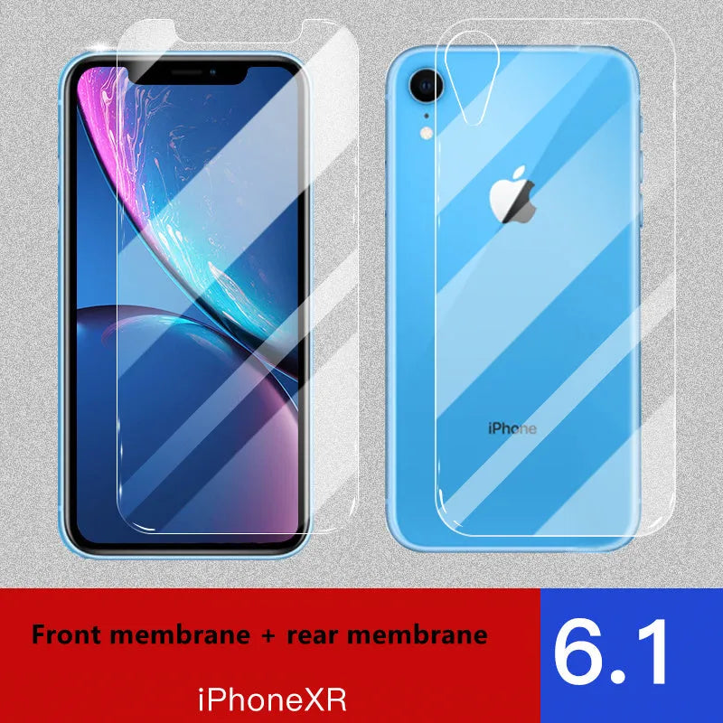 Tempered glass screen and rear camera protectors for Apple iPhone models on a white background.