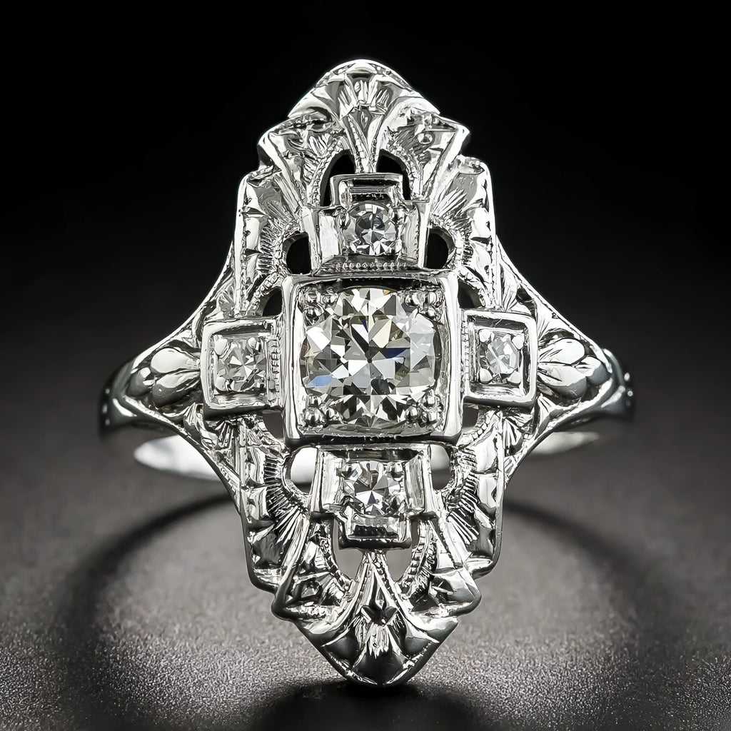 Silver hollow-out geometric ring with diamond-studded accents on copper base