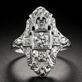 Silver hollow-out geometric ring with diamond-studded accents on copper base
