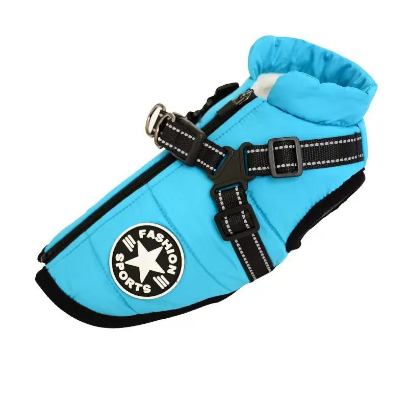 Waterproof dog coat with integrated harness in rain silk fabric, available in multiple sizes and colours