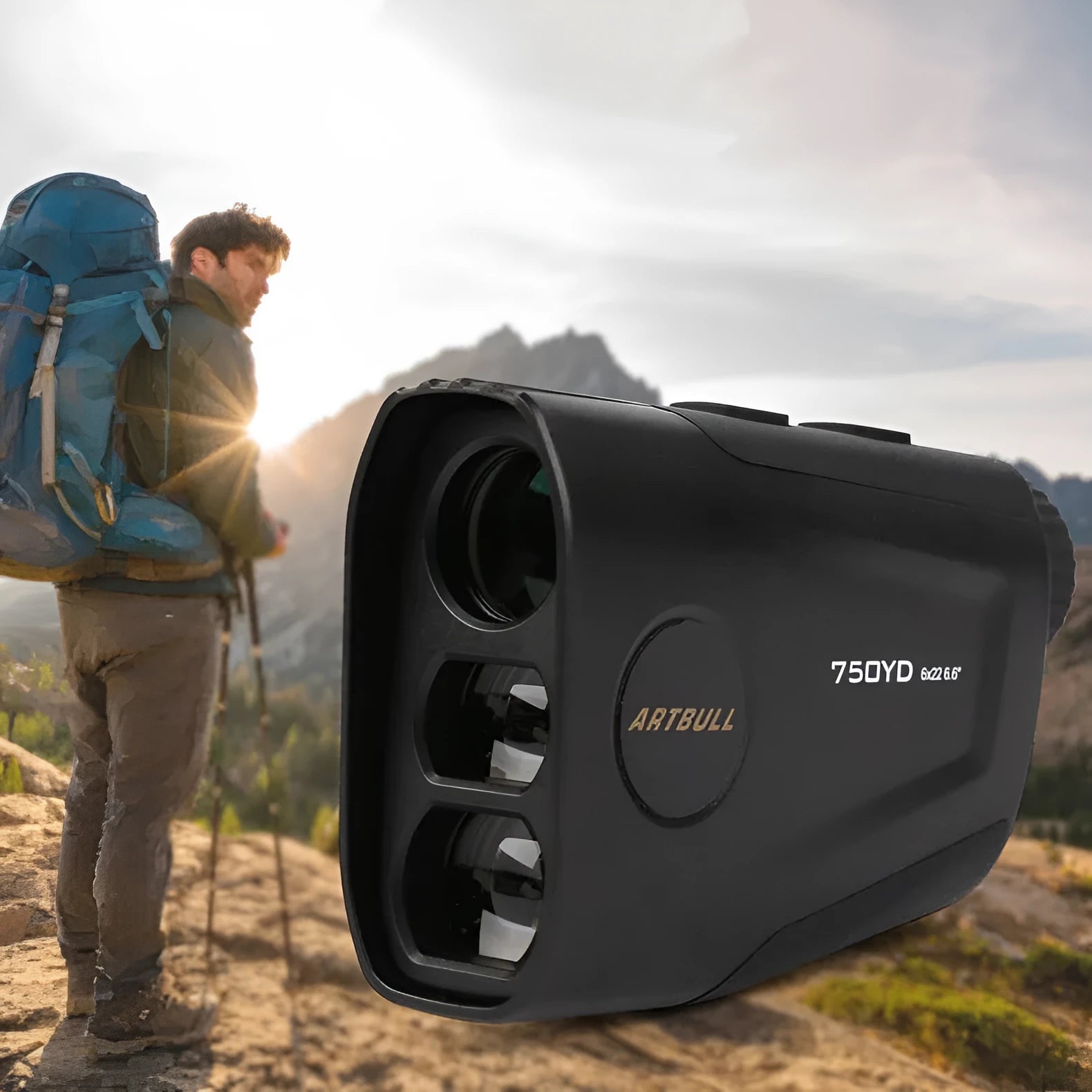 Rechargeable golf laser rangefinder with 6X magnification and LCD display showing 750 yard range capability