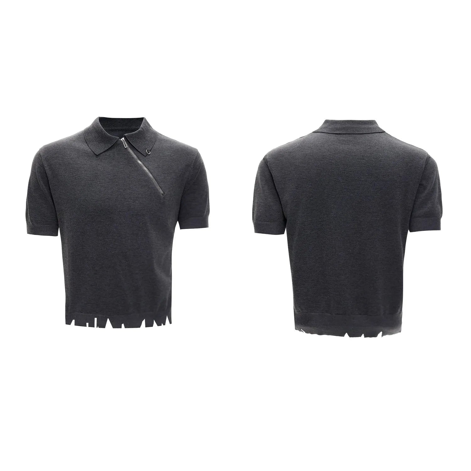 Men's slim-fit knitted polo shirt with oblique zipper and lapel collar in solid colour
