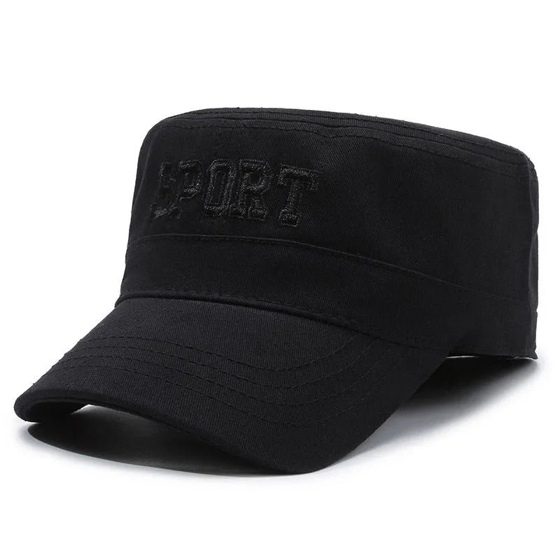 Men's flat-top cotton peaked cap in army green colour with adjustable strap.