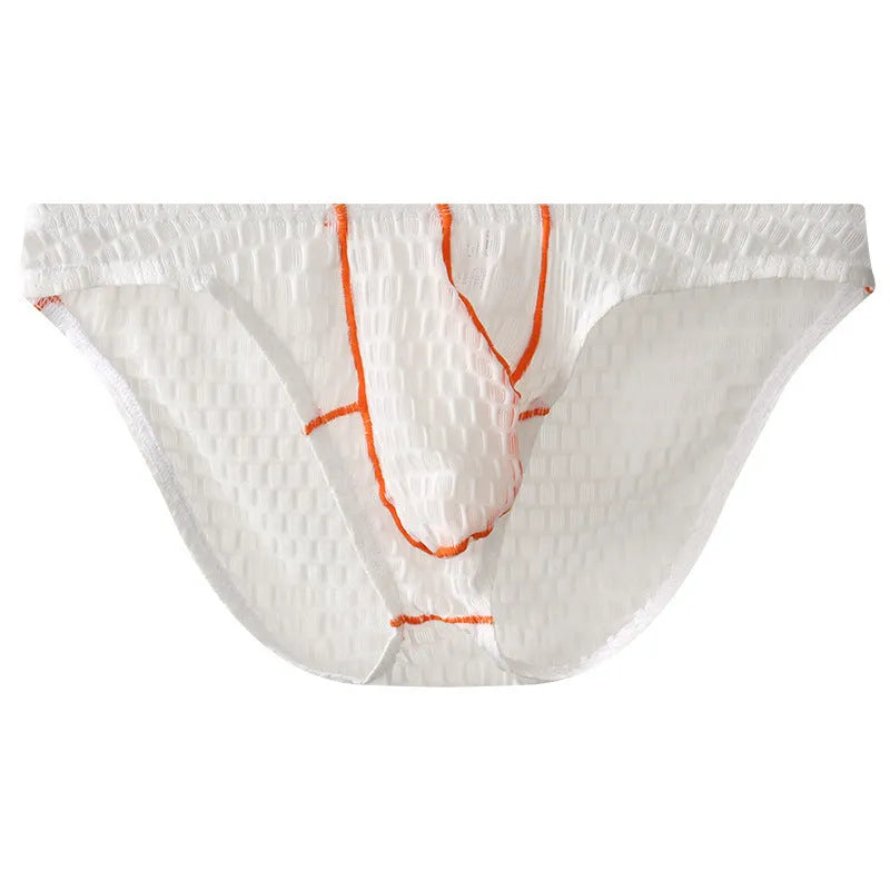 Men's white ice silk lace low waist briefs laid flat, showing the solid colour and lace fabric texture.