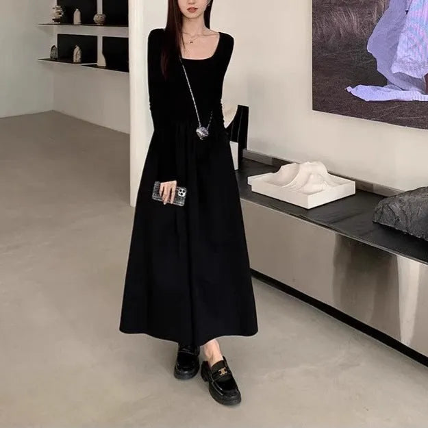 Women's square collar knitted dress with elastic waist and A-line midi skirt