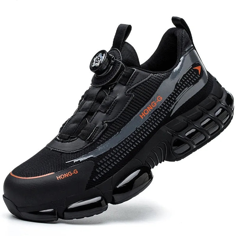 Men's black lightweight work safety shoes with steel toe cap and lace-up front.