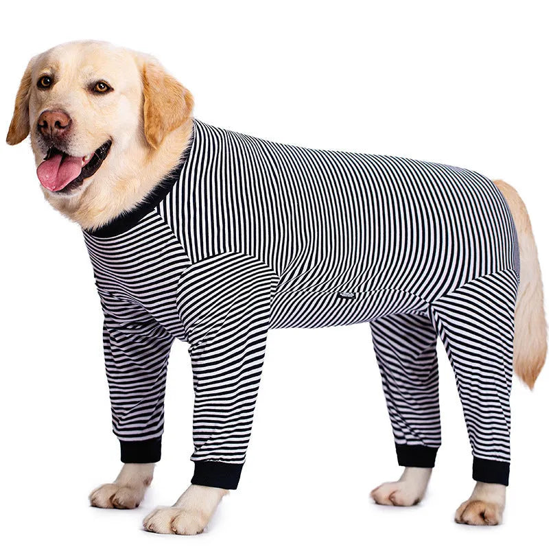 Four-legged striped polyester dog shirt for Golden Retrievers and Labradors in three colour options.