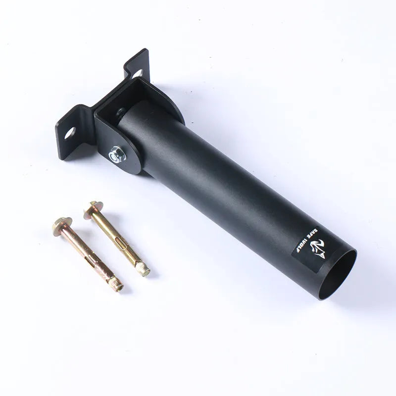 Steel wall-mounted rack holding multiple barbell bars or tubes