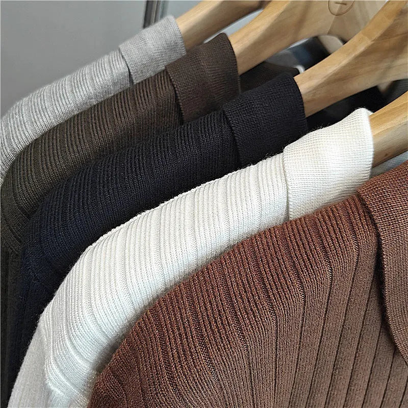 Men's modal rabbit fur knitted pullover sweater in loose fit showing striped lapel detail