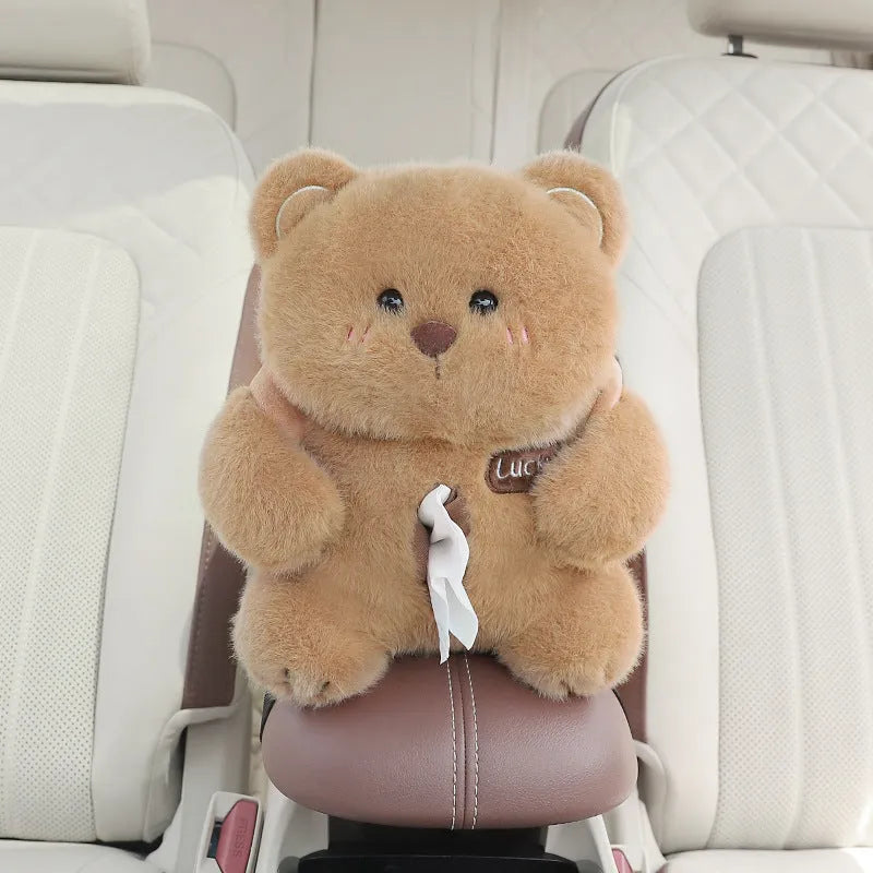Plush two-in-one car armrest box cover tissue holder and trash can with character design models