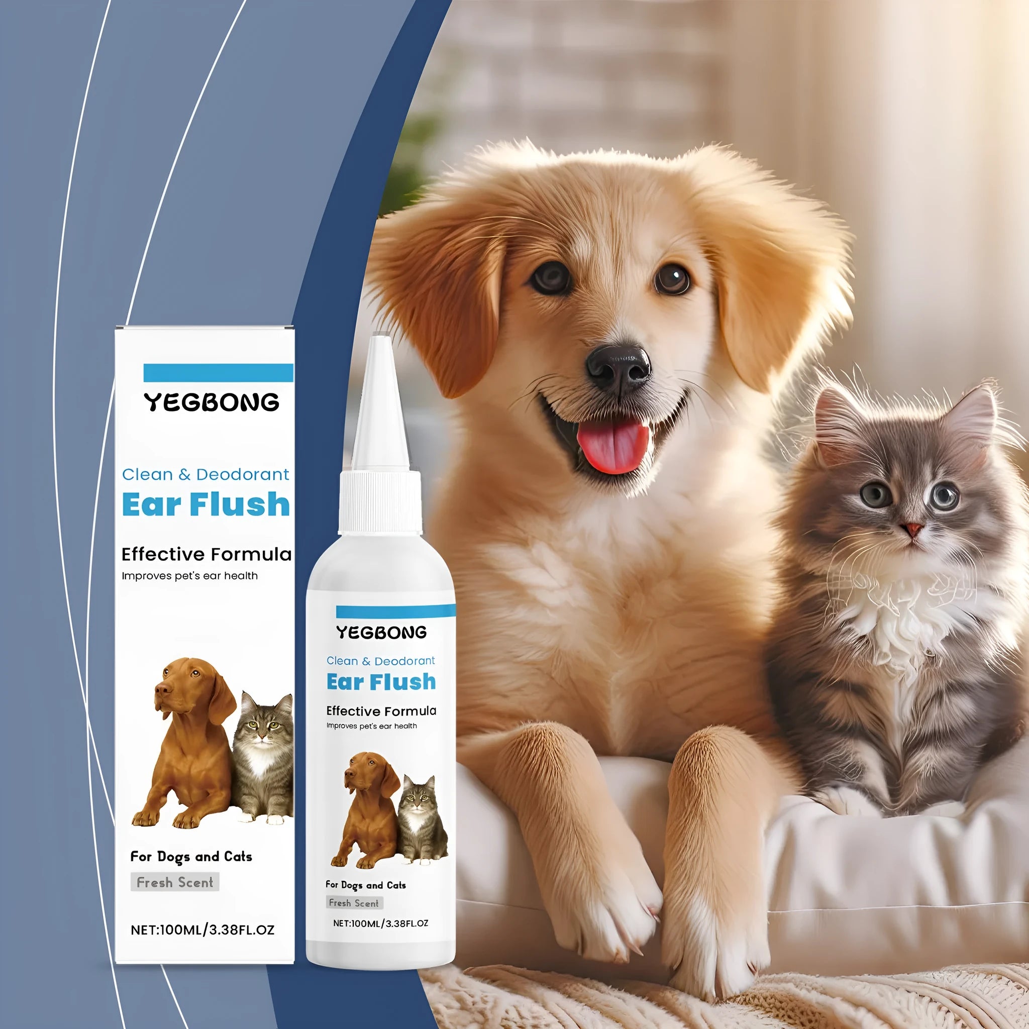 100ml bottle of veterinary-formulated ear cleaner for dogs and cats showing gentle earwax removal application
