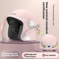 Winter electric bike helmet with anti-fog visor shown in blue colour with attached ear covers.