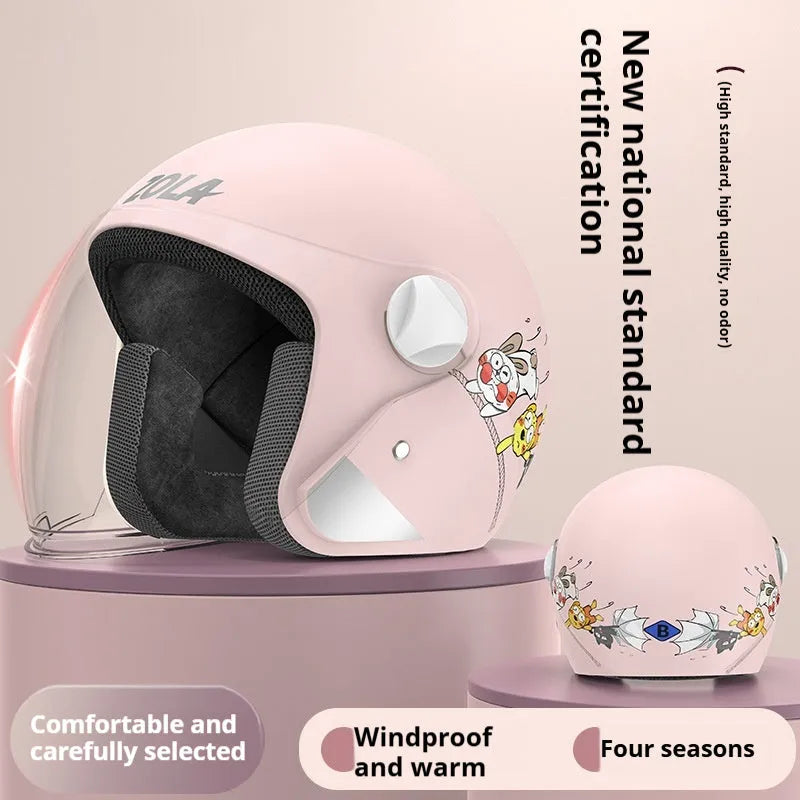 Winter electric bike helmet with anti-fog visor shown in blue colour with attached ear covers.