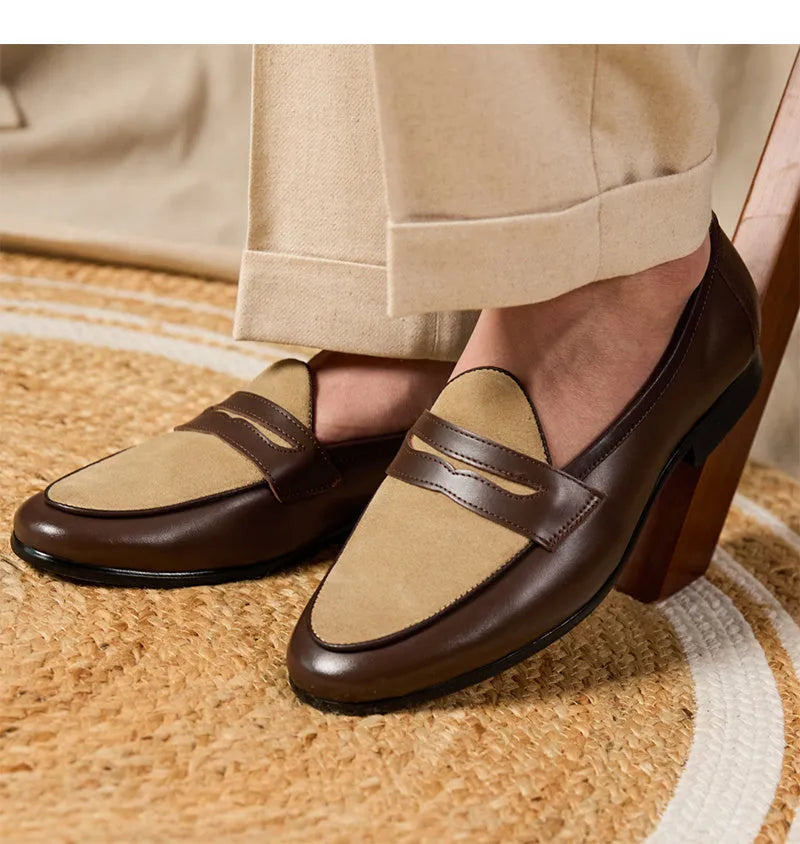 Coffee grey high-gloss suede slip-on loafers with a rubber sole, shown on a neutral background.