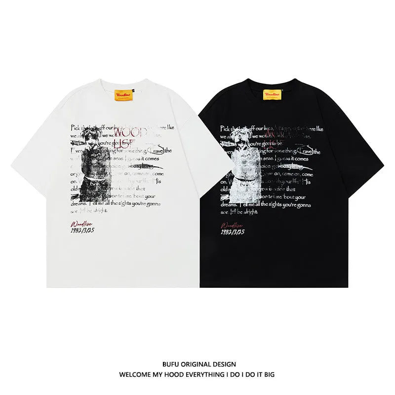 Men's black retro style pure cotton t-shirt with letter printing and loose fit