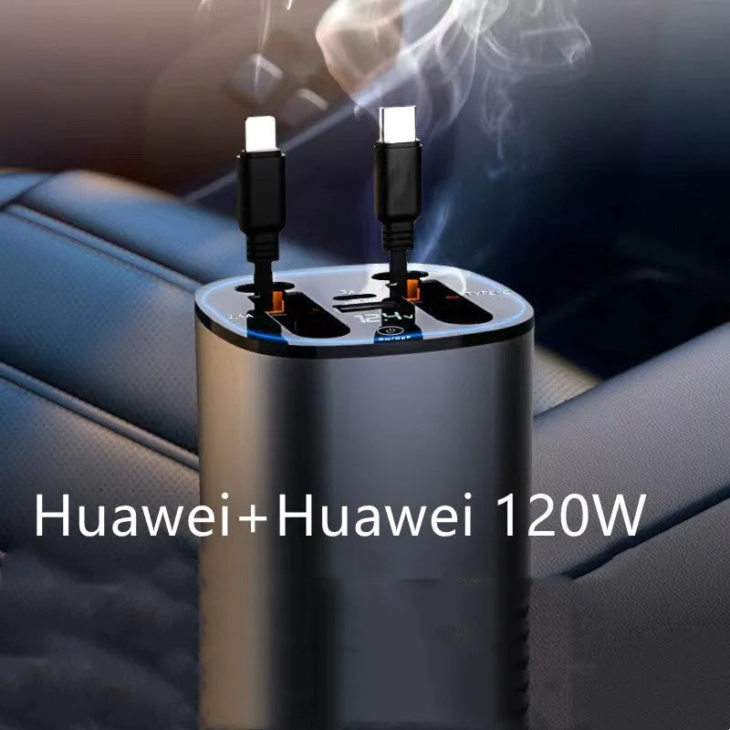 Automatic retractable car charger with cigarette lighter plug and retractable headband for cable management