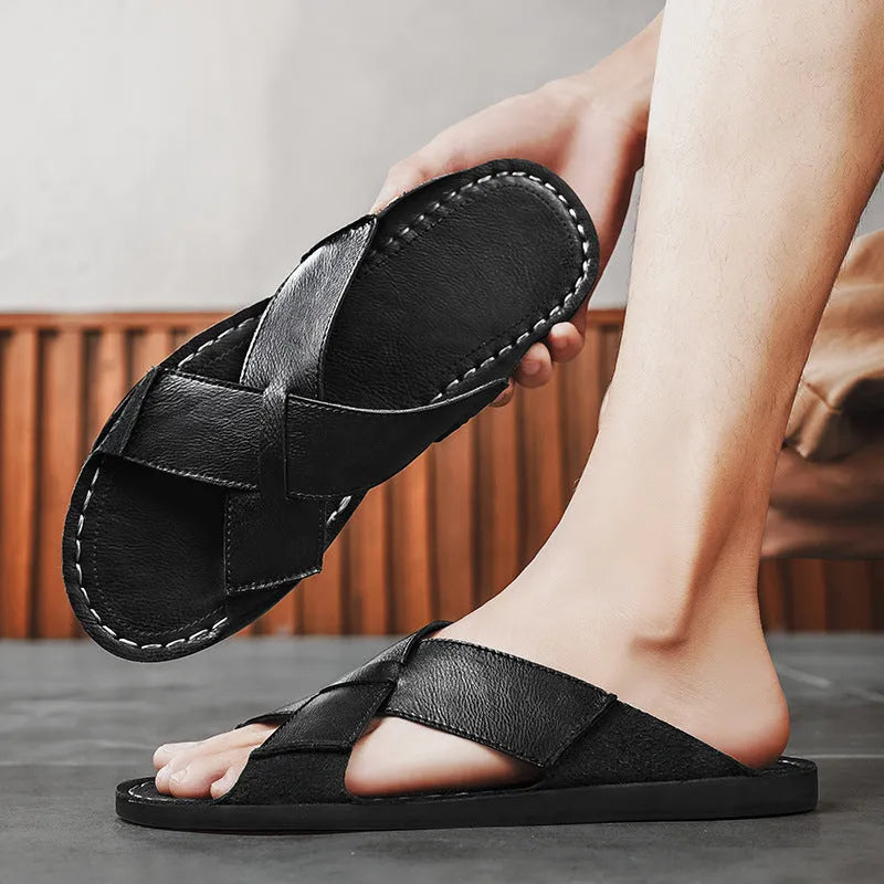 Men's black genuine leather slip-on sandals with frosted finish and sewn rubber sole