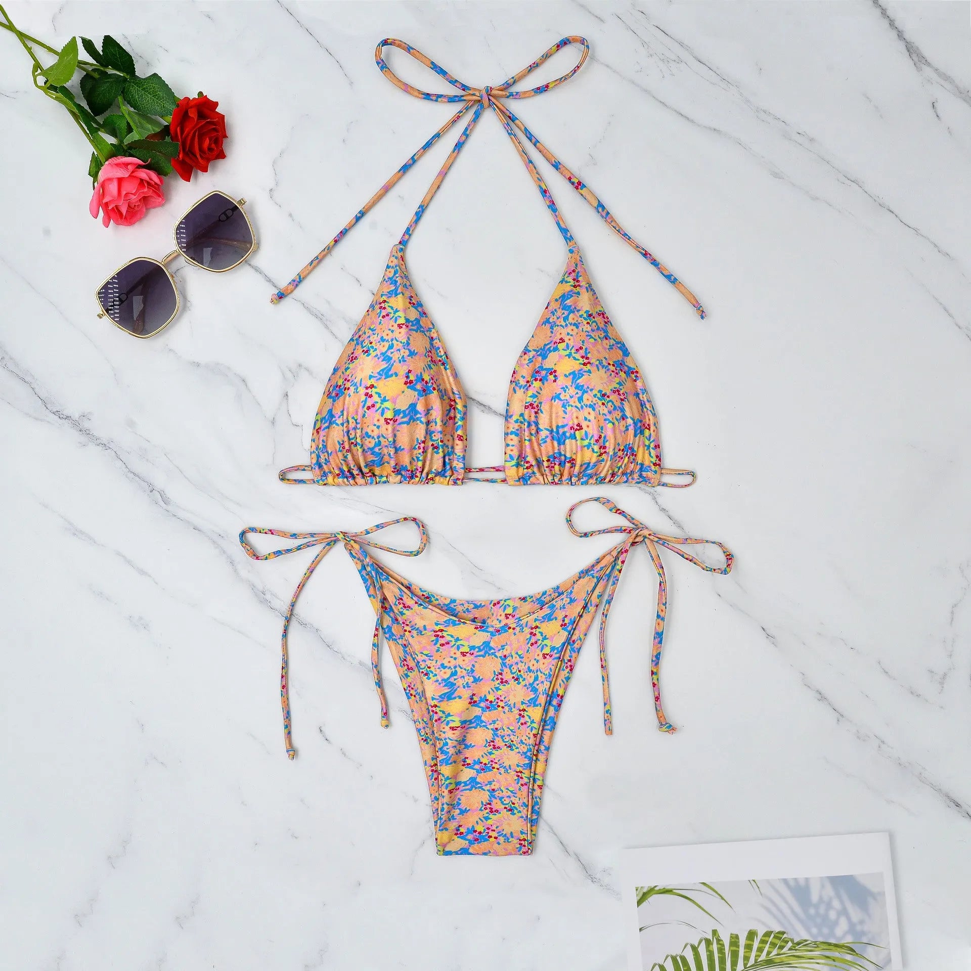 Lace-up bikini swimsuit with backless design and European split styling