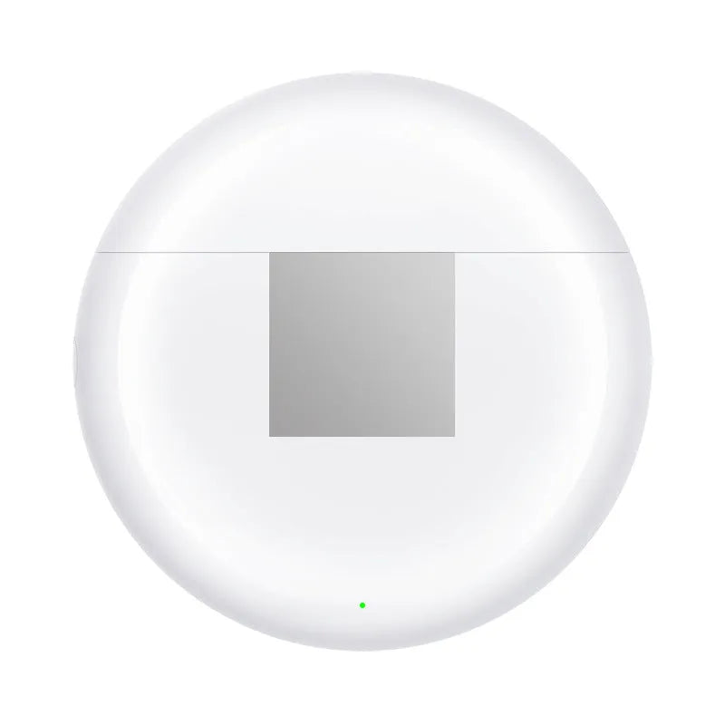 White Budz5 wireless Bluetooth earphones and their compact rectangular charging case on a table.