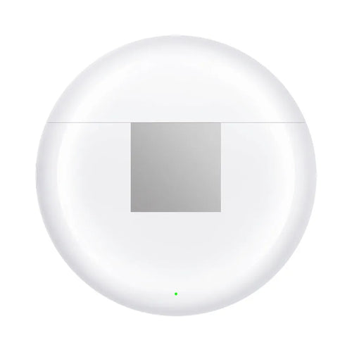 White Budz5 wireless Bluetooth earphones and their compact rectangular charging case on a table.