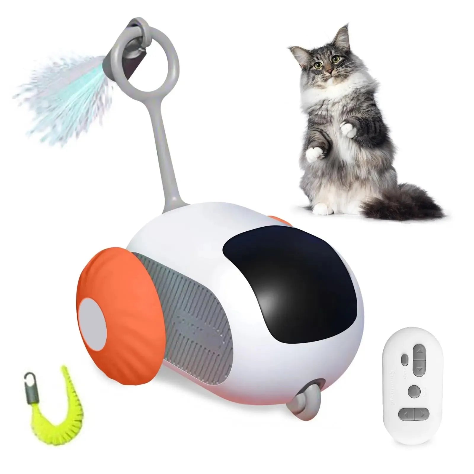 Smart electronic cat toy car with feather attachment and remote control on blue background