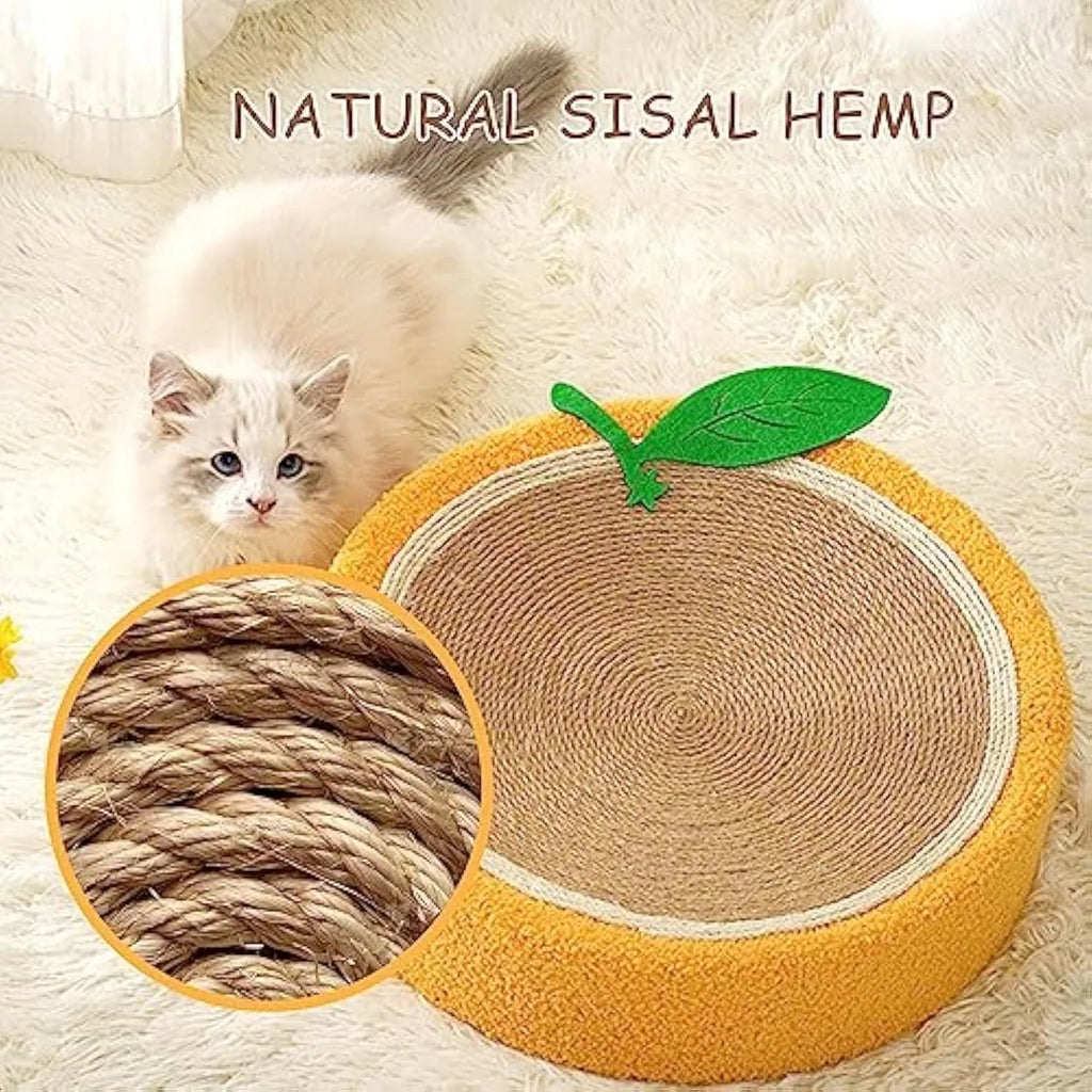 Round orange fruit-shaped cat scratching board with sisal surface and concave sleeping centre