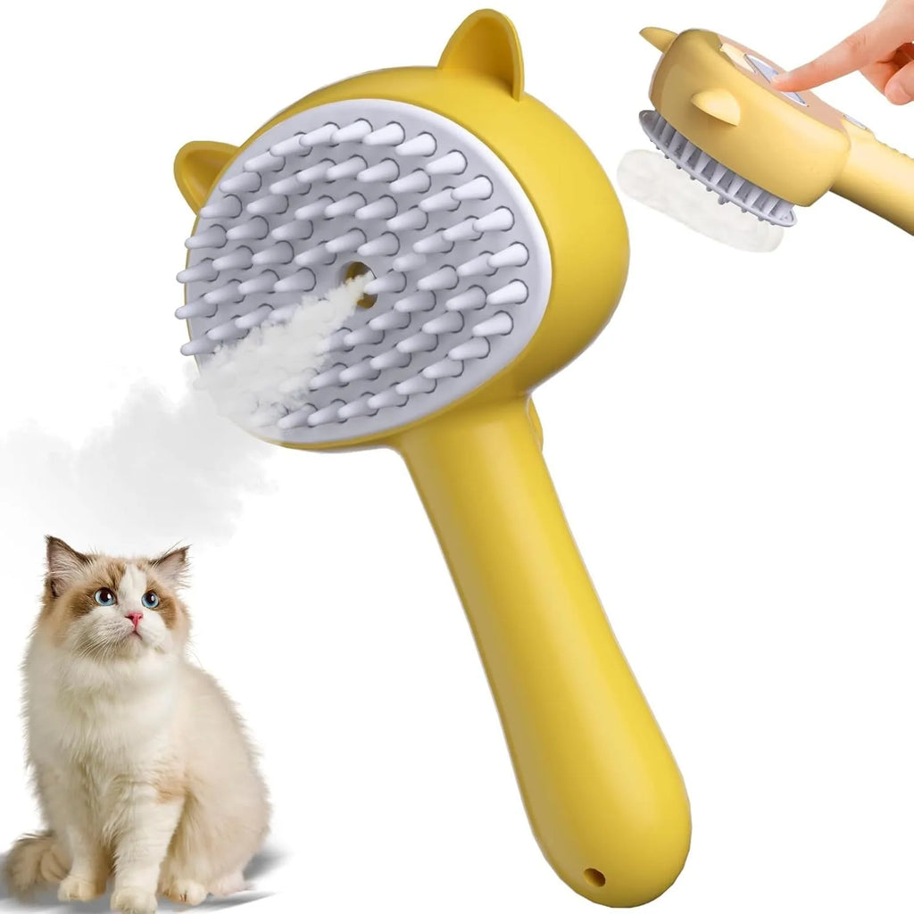 Blue pet steam brush with ergonomic handle and rubber bristles for grooming dogs cats