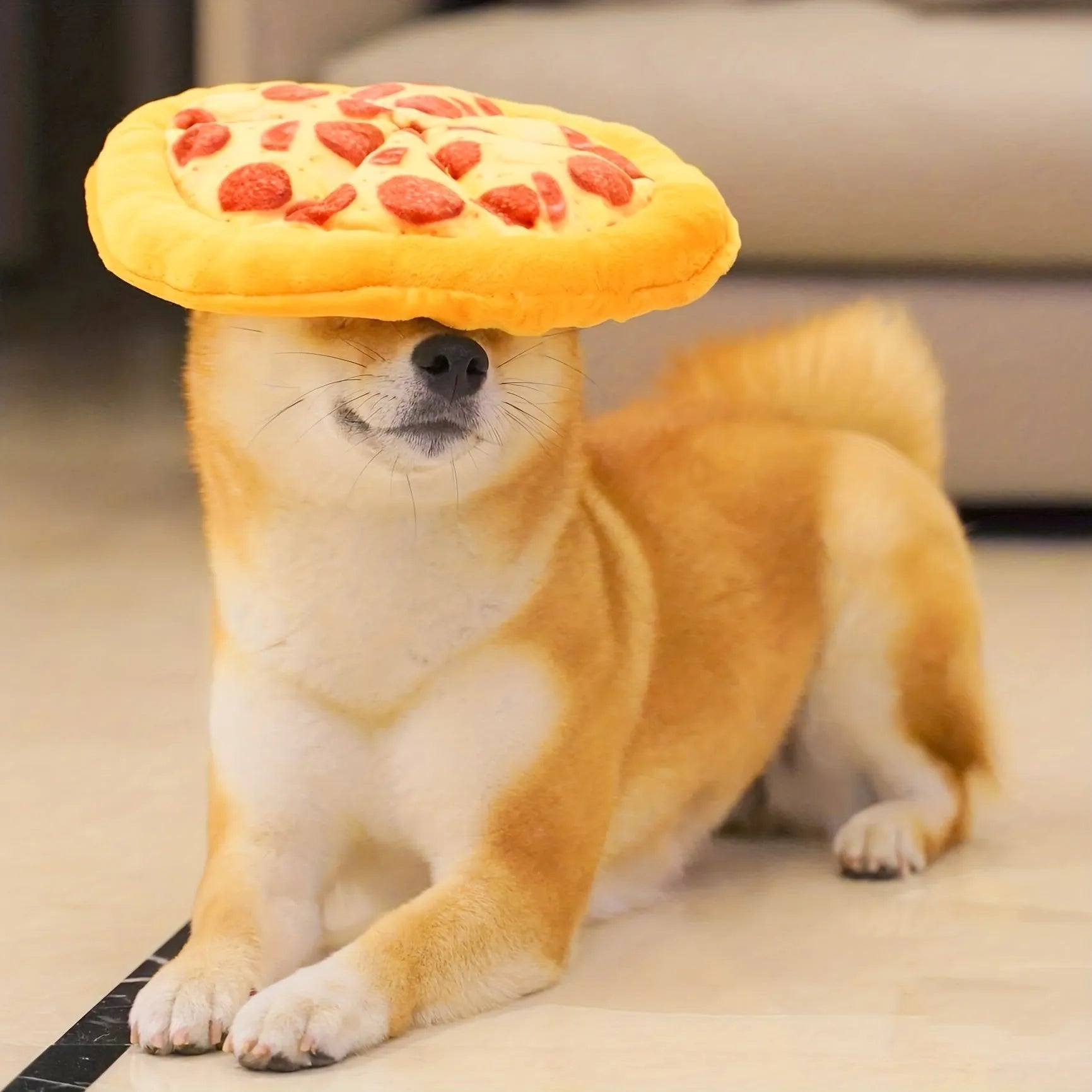 Yellow pizza slice shaped squeaky dog chewing toy with textured toppings and crust detailing
