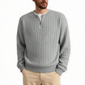 Men's grey half zip sweater with textured knit and loose fit design