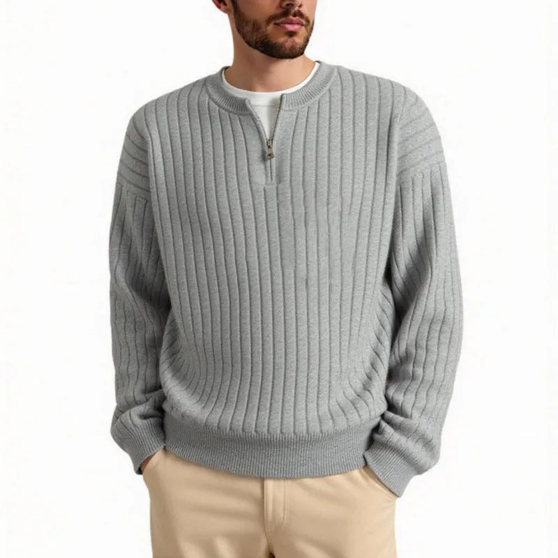 Men's grey half zip sweater with textured knit and loose fit design
