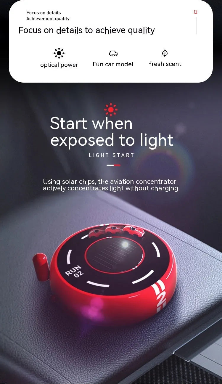 Round solar-powered car air freshener and decorative light in black, red or white modern design