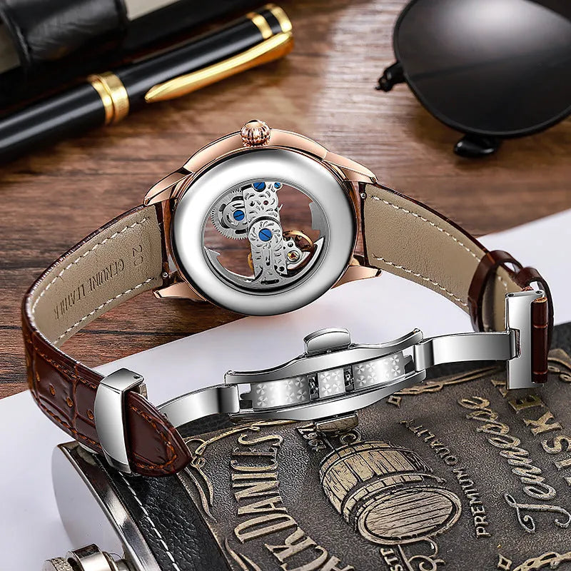 Men's luxury zircon mechanical watch with a choice of black leather or rose gold steel strap, showing onion crown and transparent case back.