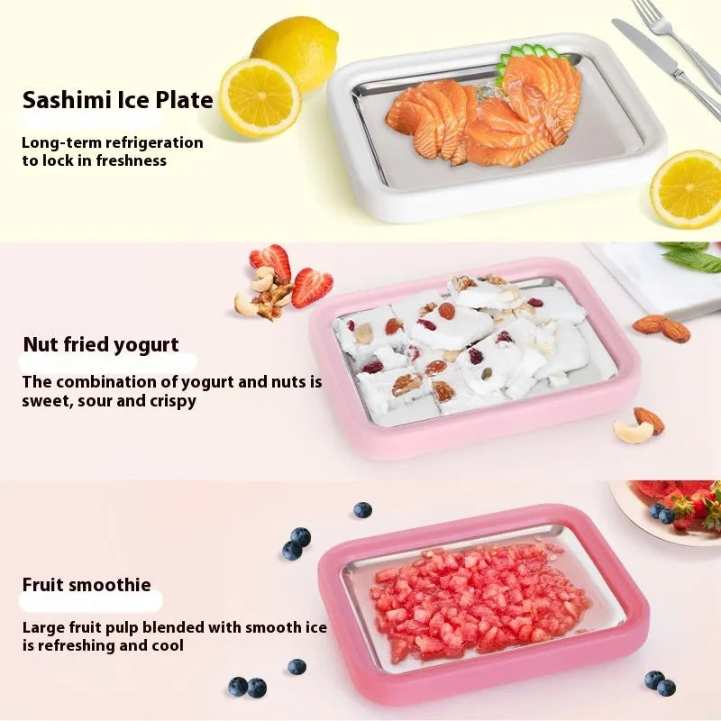 Children's DIY fried yogurt machine in green, pink, white, or rose red, showing compact size.