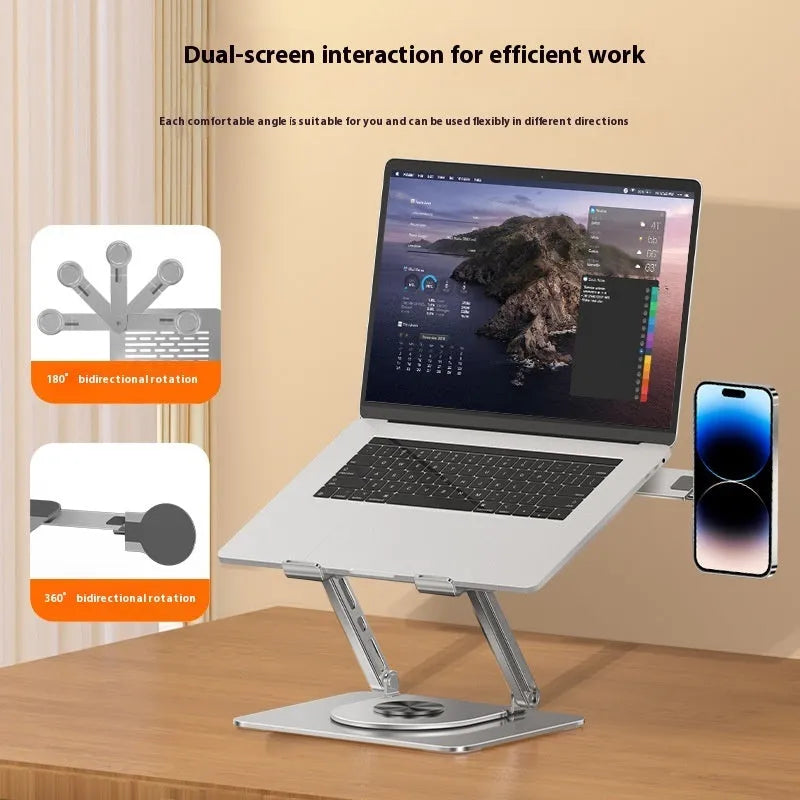 Silver carbon steel laptop stand with side-mounted magnetic phone holder rotated at angle
