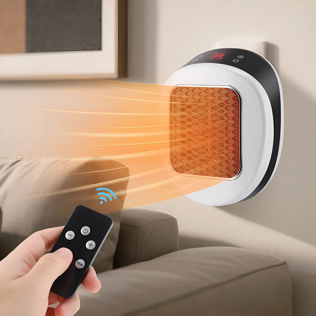 White ceramic heating electric hot air blower heater with remote control on wooden surface
