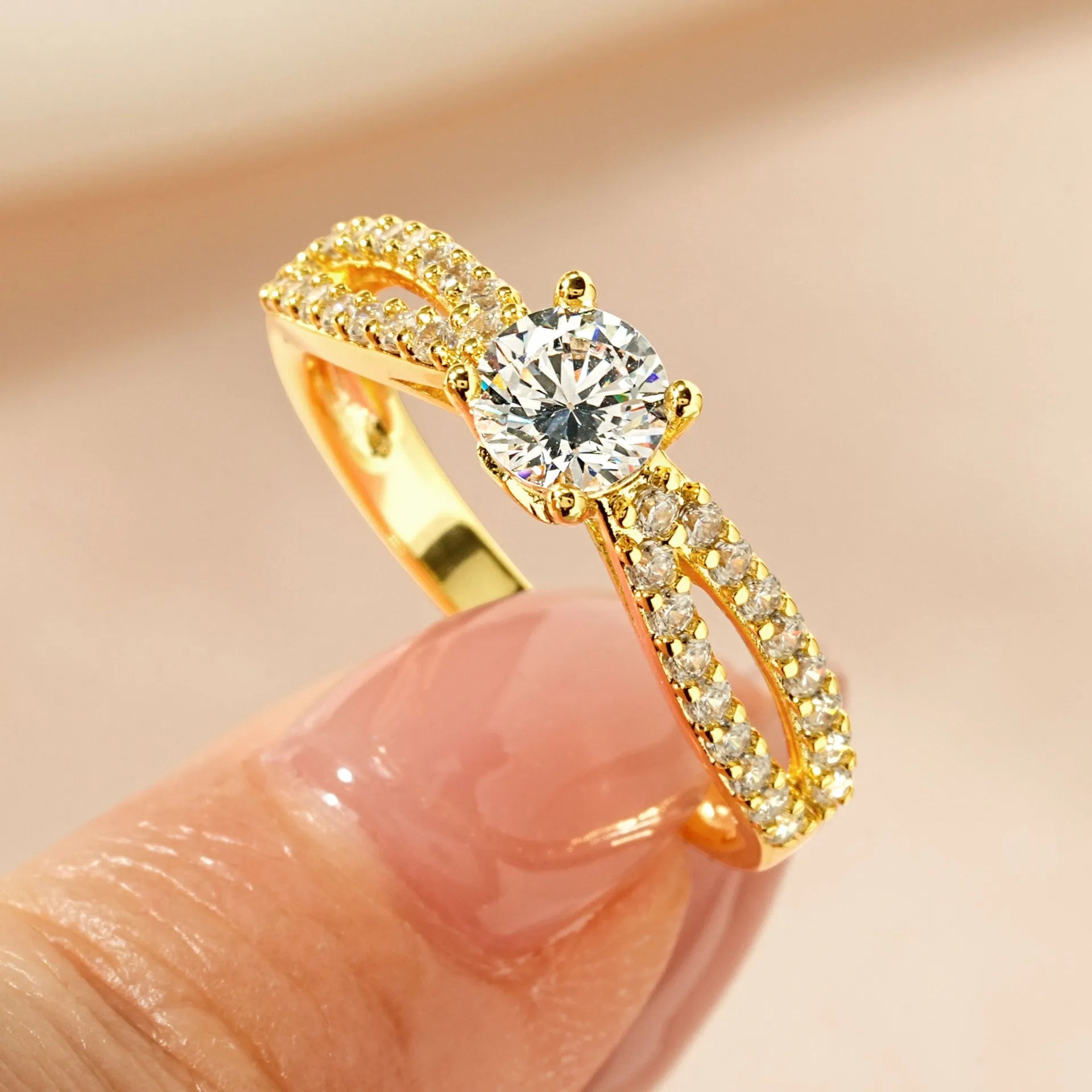 Women's geometric copper zircon ring in white or yellow, showing heart, split-arm, and star style options.