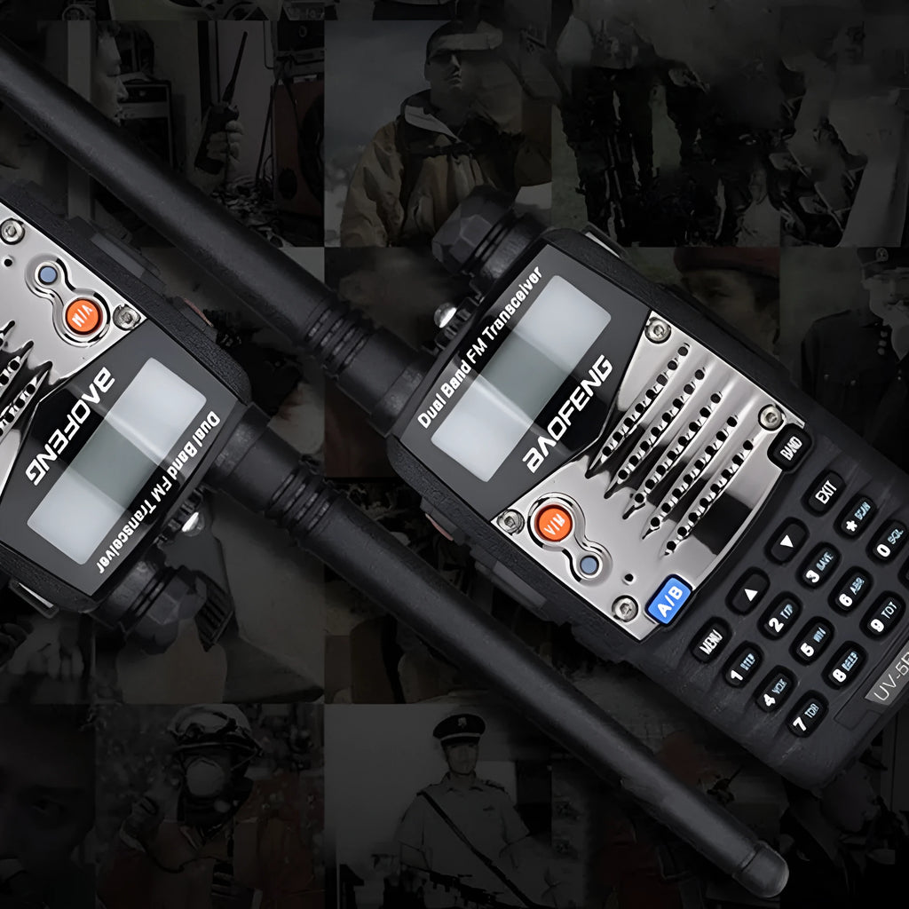 Baofeng UV-5RA handheld dual-band two-way radio showing dual display screen and antenna.