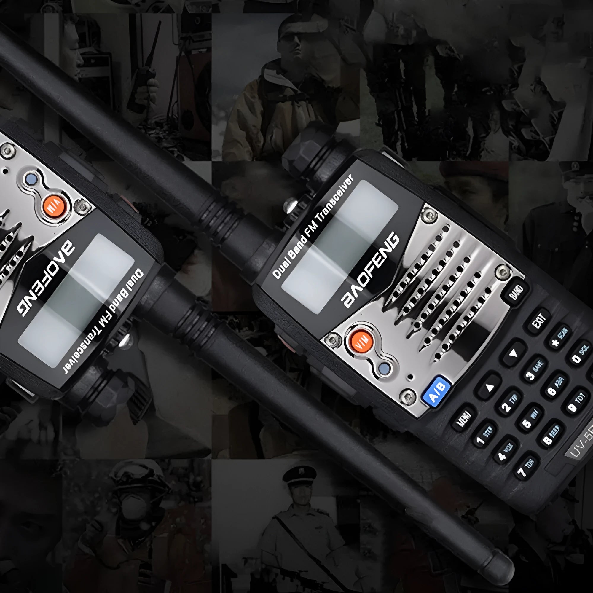 Baofeng UV-5RA handheld dual-band two-way radio showing dual display screen and antenna.