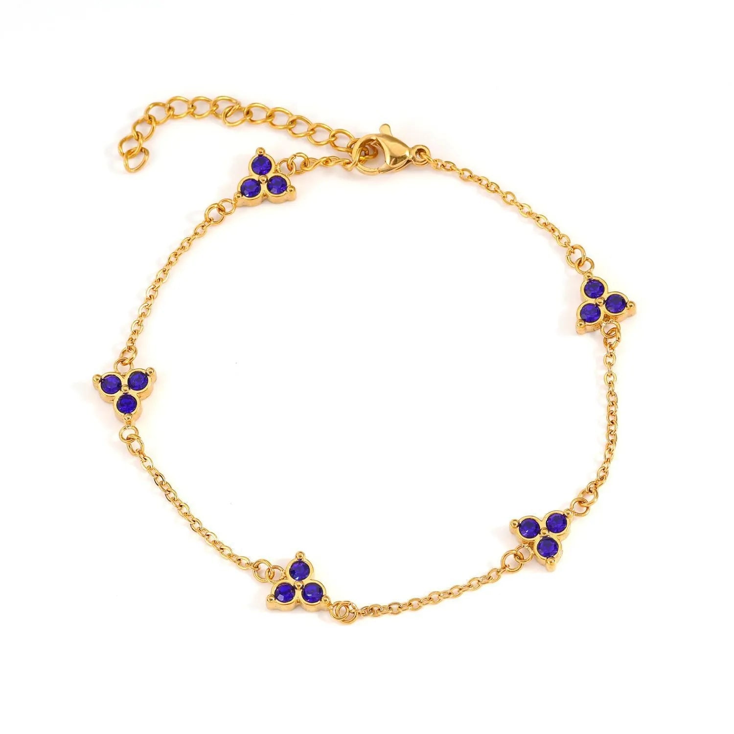 Stainless steel women's bracelet with three triangular diamond motifs set with colourful zircon stones.