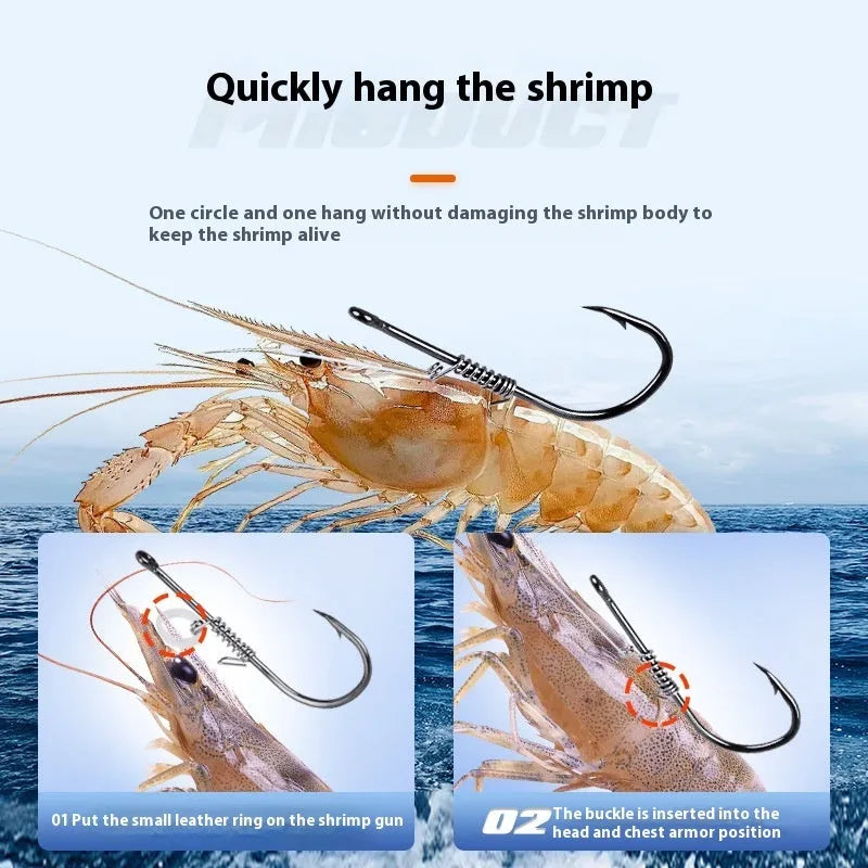 Spring rubber band sea fishing lure for live shrimp with barbed hook, available in multiple sizes