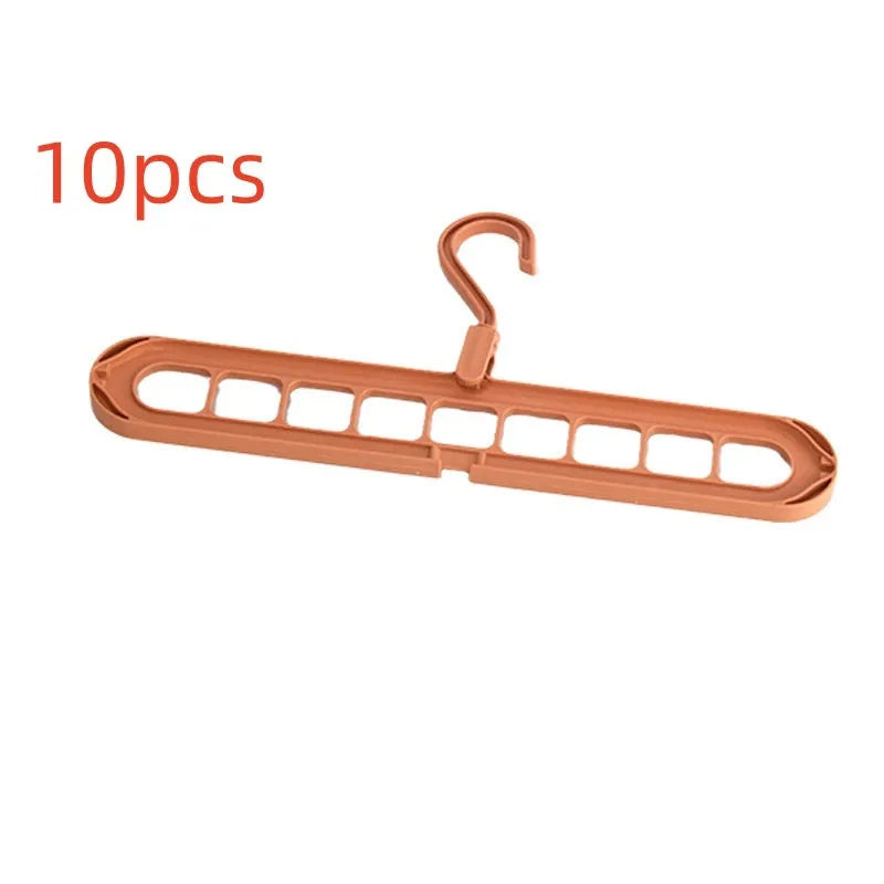 Foldable plastic hanger with nine holes for hanging trousers, shown in a choice of colours.