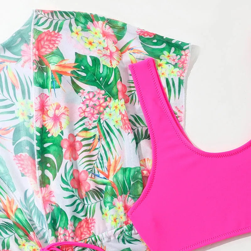 Girls' floral printed two-piece swimsuit with swim top and bikini bottom in high-elasticity polyester